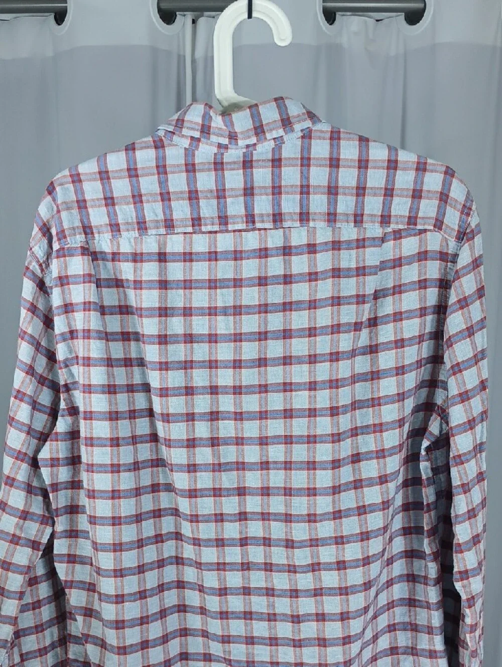 J. Crew Men’s Light Blue and Red Plaid Button-Down linen + cotton Shirt
